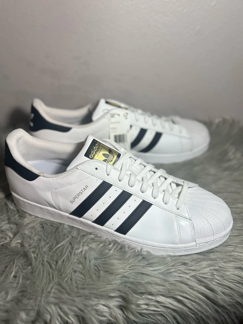 ADIDAS ORIGINALS SUPERSTAR WHITE/BLACK Leather Gold Accent Sneakers Size 19